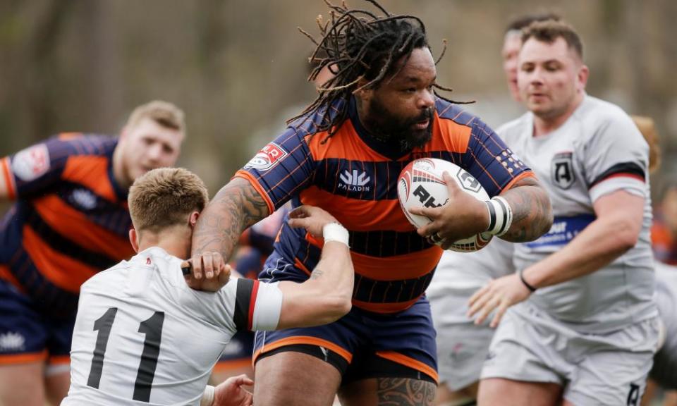 New York’s France centre Mathieu Bastareaud breaks a tackle by Atlant’s Austin White in Marietta, Georgia in February this year.