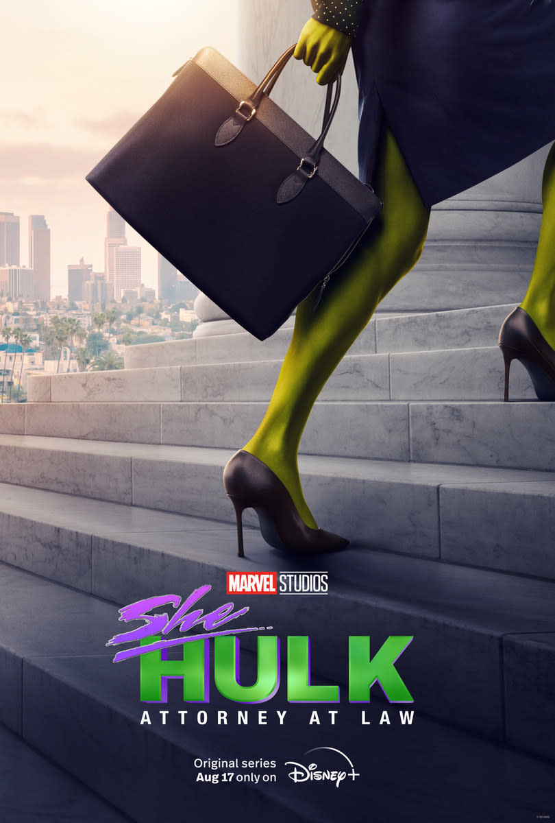 Poster for "She-Hulk: Attorney at Law" showing She-Hulk holding a briefcase and walking up a set of steps