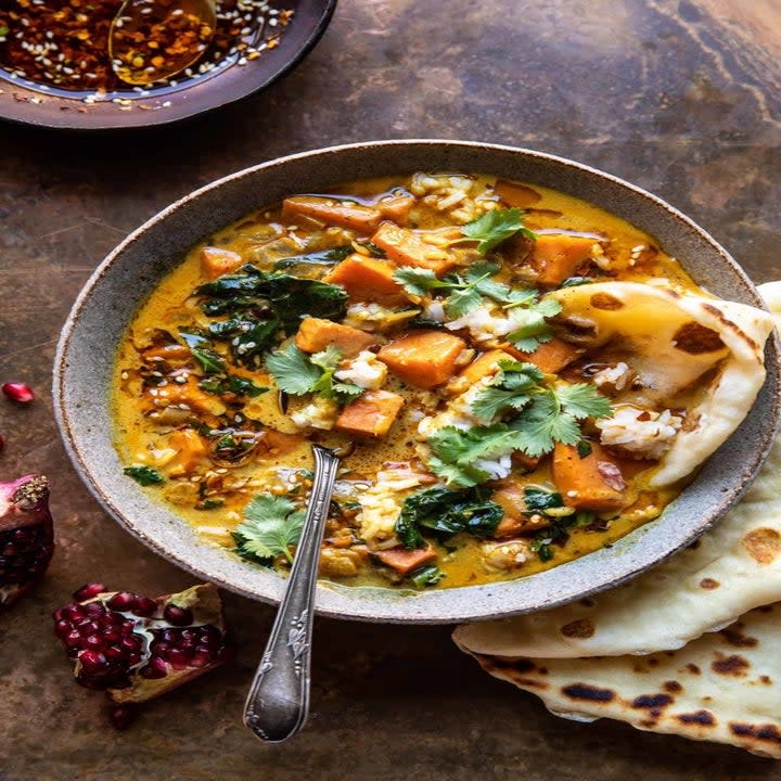 Sweet potato and rice stew with naan for dipping.