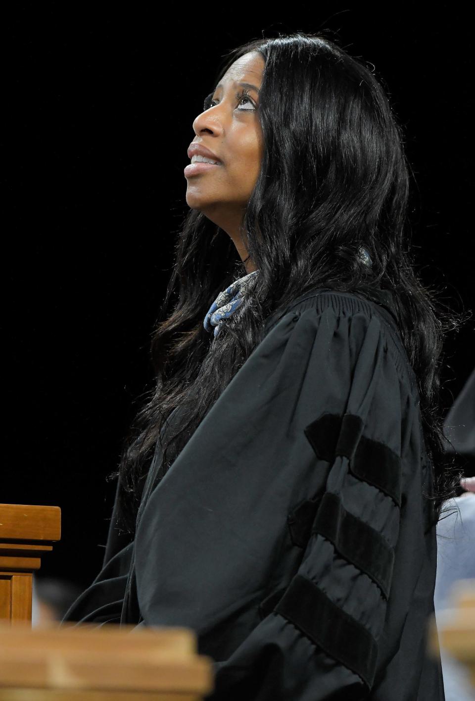 Mia Love watches a video during Utah State University’s commencement ceremony on Thursday, May 4, 2023, in Logan, Utah. | Eli Lucero, Herald Journal