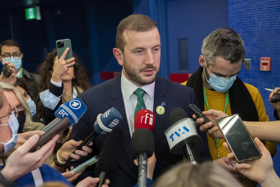 European Commissioner for the Environment Virginijus Sinkevieius speaks to reporters at the COP15, the UN Biodiversity Conference, in Montreal, Sunday, Dec. 18, 2022. (Graham Hughes/The Canadian Press via AP)