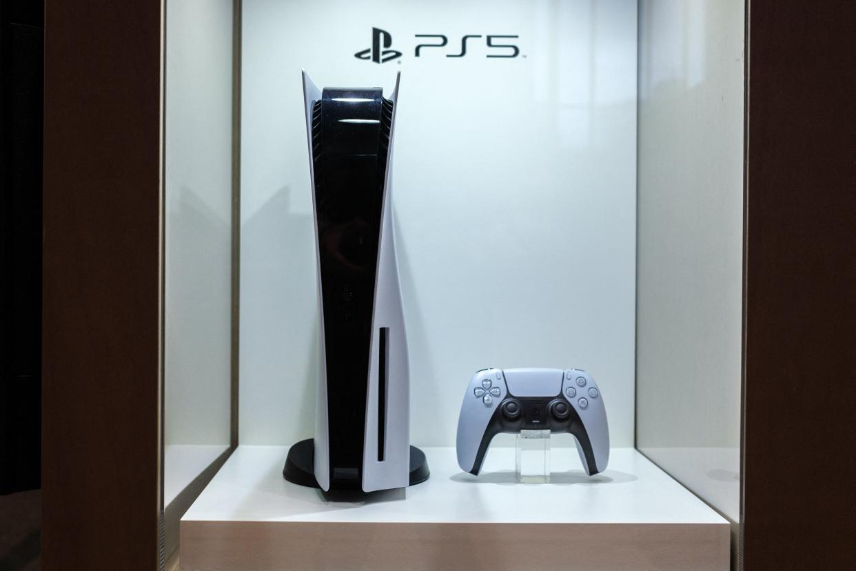 Sony Playstation 5 video game console is displayed at the company's headquarters in Tokyo.