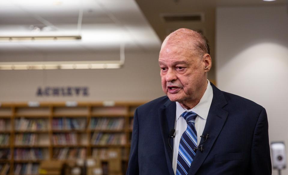 Arizona State Superintendent of Public Instruction Tom Horne speaks to media inside the library of West Point Elementary School in Surprise on June 21, 2023. Horne strongly opposes dual language programs in Arizona schools, seeking legal action and threatening to withold funding if schools continue the programs.