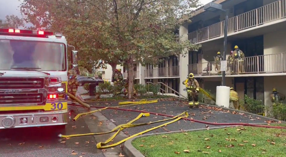 Firefighters responded to a fire that broke out inside a Newbury Park hotel room on Tuesday morning.