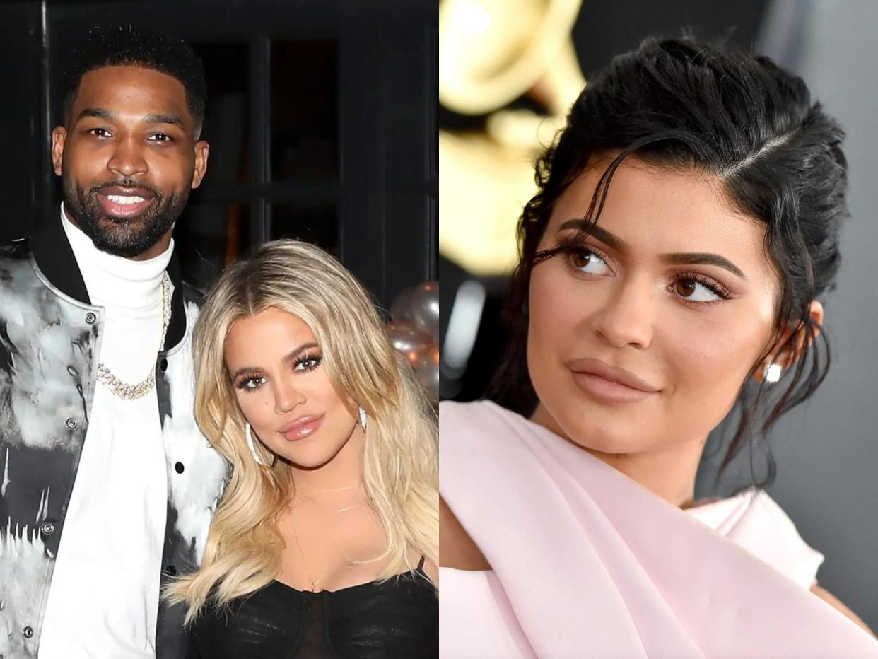 left: tristan thompson and khloe kardashian, standing close together and smiling; right: kylie jenner wearing pink and looking to her right at the grammy awards red carpet