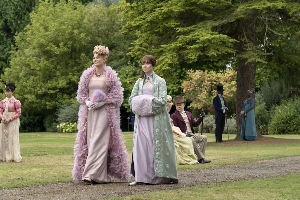 (L to R) Jessica Madsen as Cressida Cowper, Claudia Jessie as Eloise Bridgerton in episode 301 of Bridgerton. (Liam Daniel/Netflix)