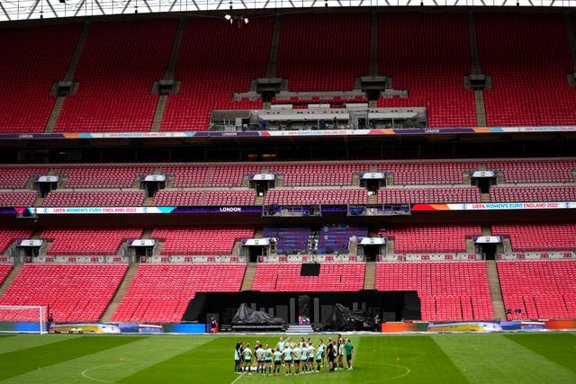 Germany manager Martina Voss-Tecklenburg addresses her squad as they take in the Wembley surroundings on the eve of the final.