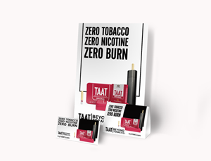 TAAT&#xae; plans to launch a heat-not-burn offering in partnership with E1011 Labs which will avail a nicotine-free and tobacco-free option for adult smokers who are switching to this emerging category of alternatives to cigarettes. In May 2022, the Company issued its point-of-sale materials pictured above for countertop placements in retail stores carrying TAAT&#xae; heat-not-burn products.