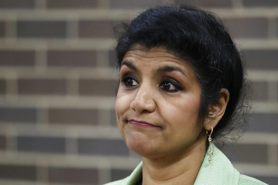 FILE - In this Sept. 27, 2017 file photo, Dr. Lakshmi Kode Sammarco speaks during a news conference regarding the circumstances surrounding the death of 22-year-old University of Virginia undergraduate student Otto Warmbier at the Hamilton County Coroner's office in Cincinnati. Sammarco describes the gunman in fatal shootings in downtown Cincinnati on Sept. 6, 2018, as determined to kill “as many people as he could.” She reported Tuesday, Sept. 11, on autopsy findings from the Fifth Third Bank building shootings, saying the gunman who used a 9 mm handgun, fired both standard bullets and hollow-point bullets, which often inflict more damage to bodies. (AP Photo/John Minchillo)