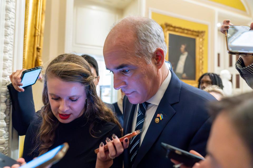 Sen. Bob Casey, D-Pa., speaks with reporters after a closed-door caucus meeting at the Capitol, Thursday, Sept. 28, 2023, in Washington. The meeting discussed the federal charges of bribery against Sen. Bob Menendez, D-N.J.