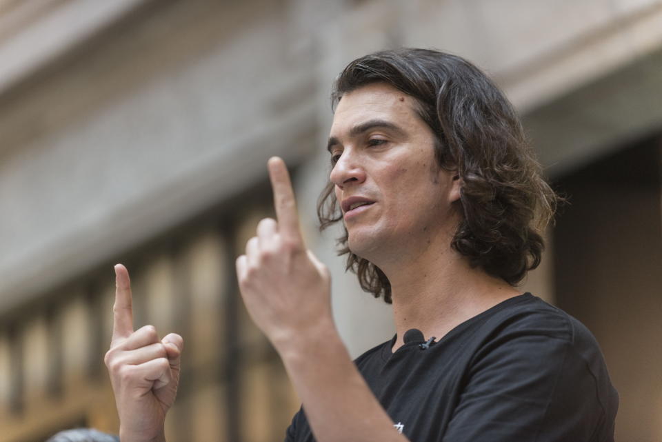 SHANGHAI, CHINA - APRIL 12:  Adam Neumann, co-founder and chief executive officer of WeWork, speaks during a signing ceremony at WeWork Weihai Road flagship on April 12, 2018 in Shanghai, China. World's leading co-working space company WeWork will acquire China-based rival naked Hub for 400 million U.S. dollars.  (Photo by Jackal Pan/VCG via Getty Images)