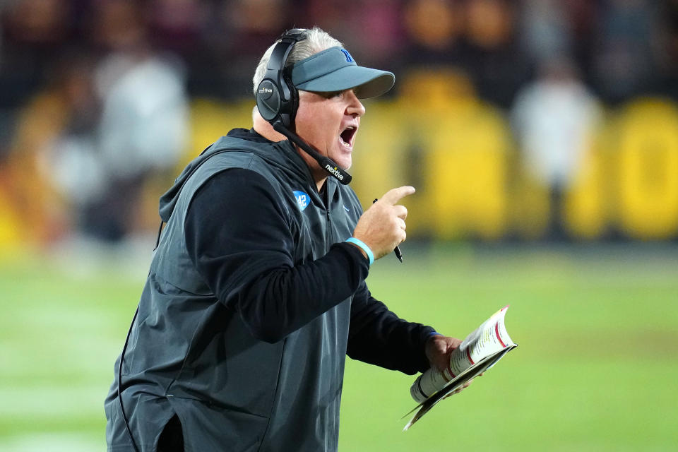 UCLA head coach Chip Kelly shouts instructions to his players during the second half of an NCAA college football game against Arizona State in Tempe, Ariz., Saturday, Nov. 5, 2022. UCLA won 50-36. (AP Photo/Ross D. Franklin)
