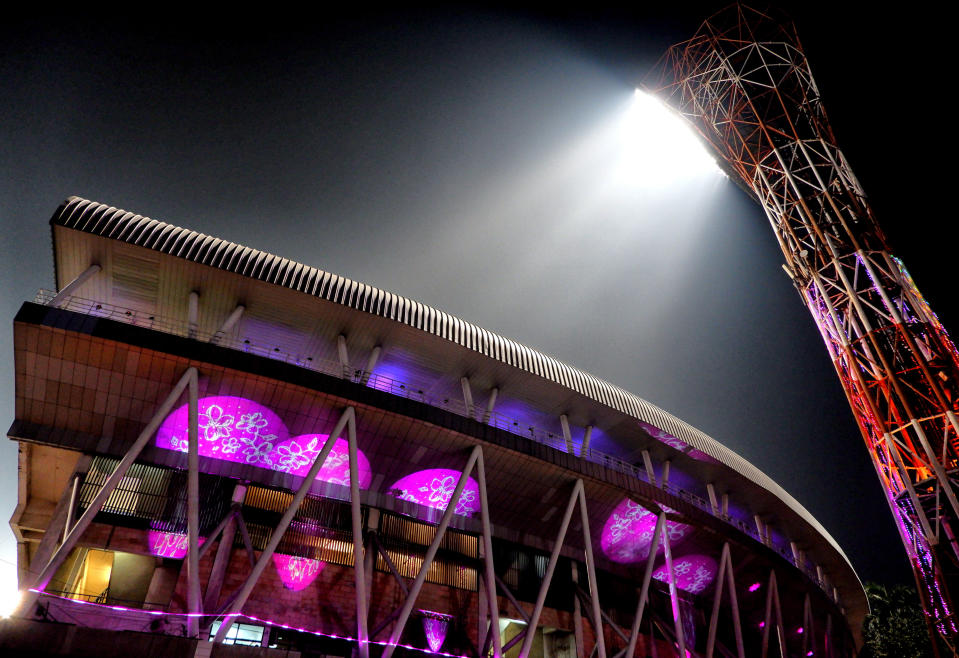 EDEN GARDEN, KOLKATA, WEST BENGAL, INDIA - 2019/11/21: Eden Garden Stadium decorated with Pink Lights. Kolkata is celebrating the glory of organising the 1st Pink Ball Test Cricket Match in India and within Asia between India and Bangladesh from 22 -26 November, 2019 at Eden Garden Stadium. (Photo by Avishek Das/SOPA Images/LightRocket via Getty Images)