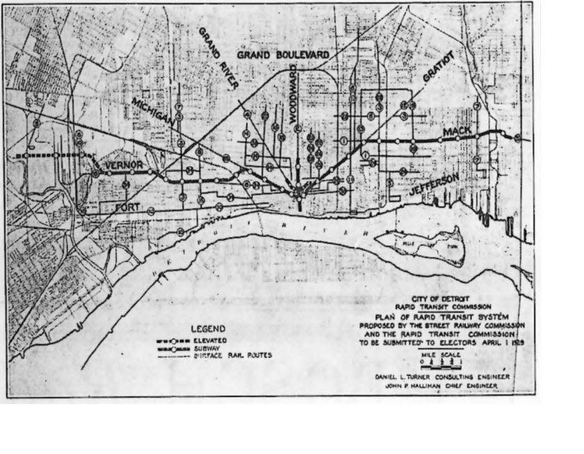 Map of 1929 proposal for $54M subway system and elevated rail lines for Detroit