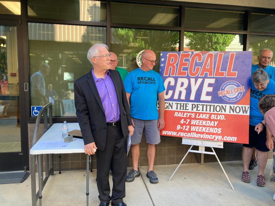 Spokesman Jeff Gorder and other supporters of the effort to recall Shasta County Supervisor Kevin Crye gather in front of the elections office in downtown Redding on Tuesday, Sept. 12, 2023.