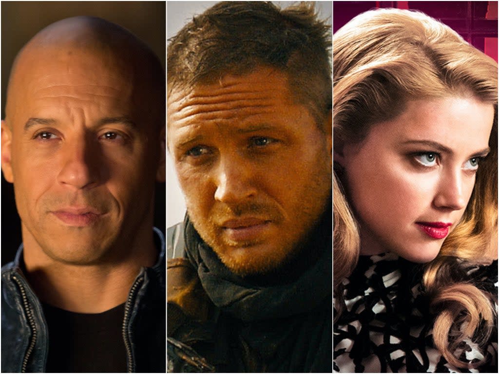 La estrella de ‘Fast & Furious’  Vin Diesel; Tom Hardy en ‘Mad Max: Fury Road’ y Amber Heard en ‘London Fields’ (Universal/Warner Bros/Shutterstock/GVN Releasing)