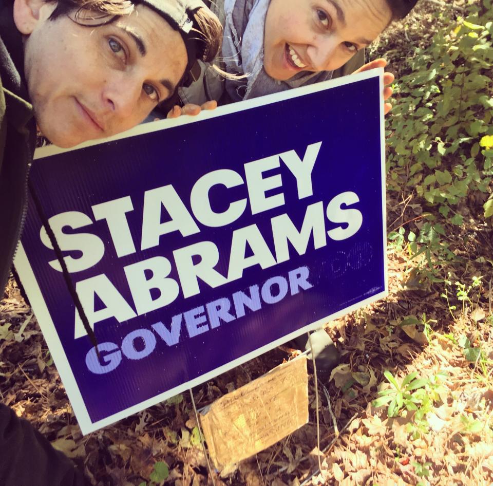 Katie and I taking a selfie in front of our second Stacey Abrams sign to replace the one that was stolen, Eatonton, Georgia, in October 2018. (Photo: Courtesy of Mel Plaut)