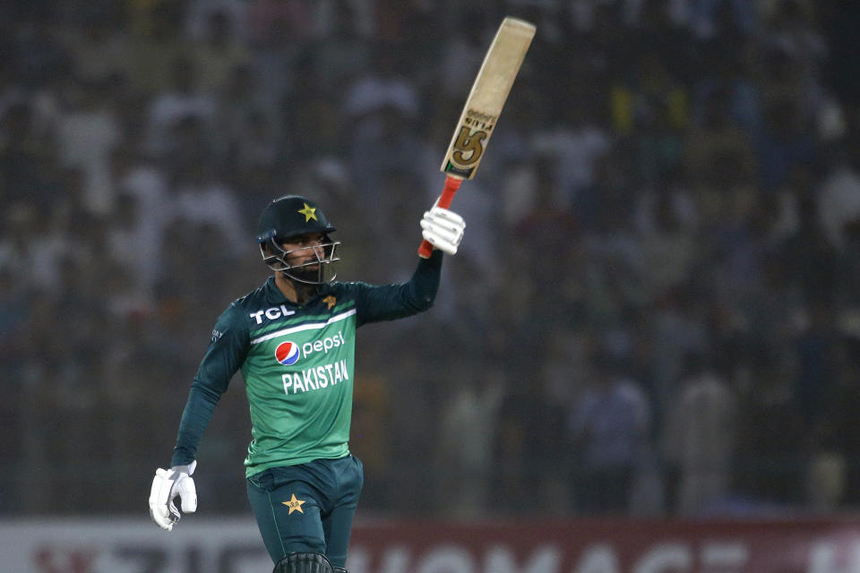 Pakistan's Shadab Khan celebrates after scoring fifty during the third one day international cricket match between Pakistan and West Indies at the Multan Cricket Stadium, in Multan, Pakistan, Sunday, June 12, 2022. (AP Photo/Anjum Naveed)