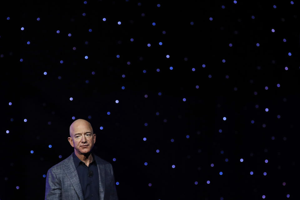 FILE- In this May 9, 2019, file photo Jeff Bezos speaks at an event to unveil Blue Origin's Blue Moon lunar lander in Washington. Two U.N. experts this week called for the U.S. to investigate a likely hack of Bezos' phone that could have involved Saudi Arabian Crown Prince Mohammed bin Salman. A commissioned forensic report found with “medium to high confidence” that Bezos' phone was compromised by a video MP4 file he received from the prince in May 2018. (AP Photo/Patrick Semansky, File)