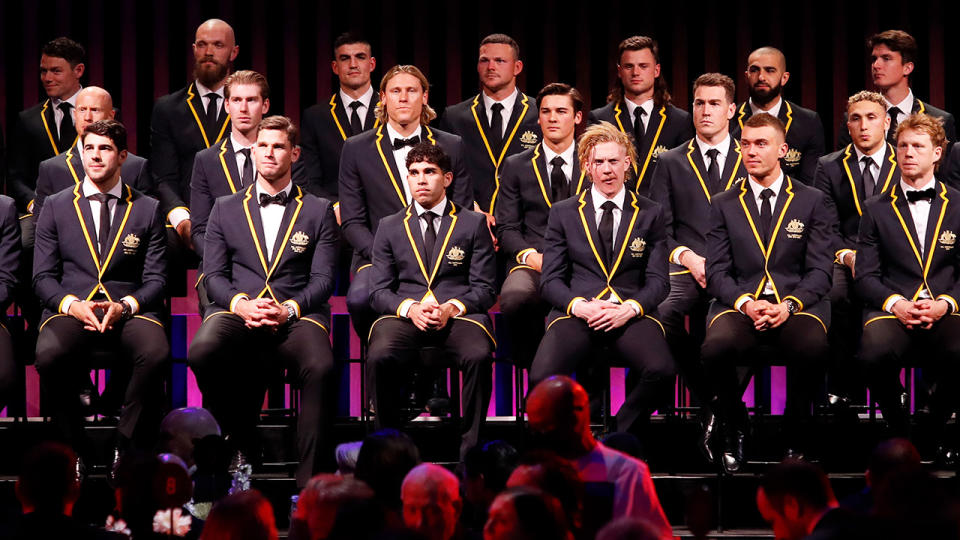 Tom Hawkins, pictured here with the rest of the AFL All-Australian team.