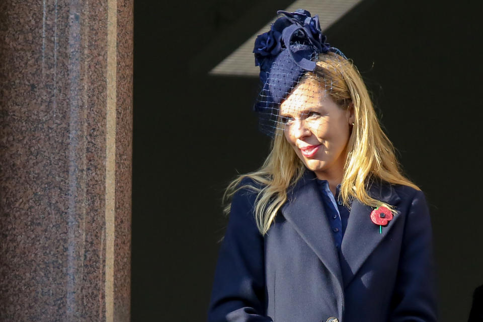 British Prime Minister Boris Johnson's partner Carrie Symonds attends the annual Remembrance Sunday memorial at The Cenotaph, in Whitehall, London. (Photo by Steve Taylor / SOPA Images/Sipa USA)