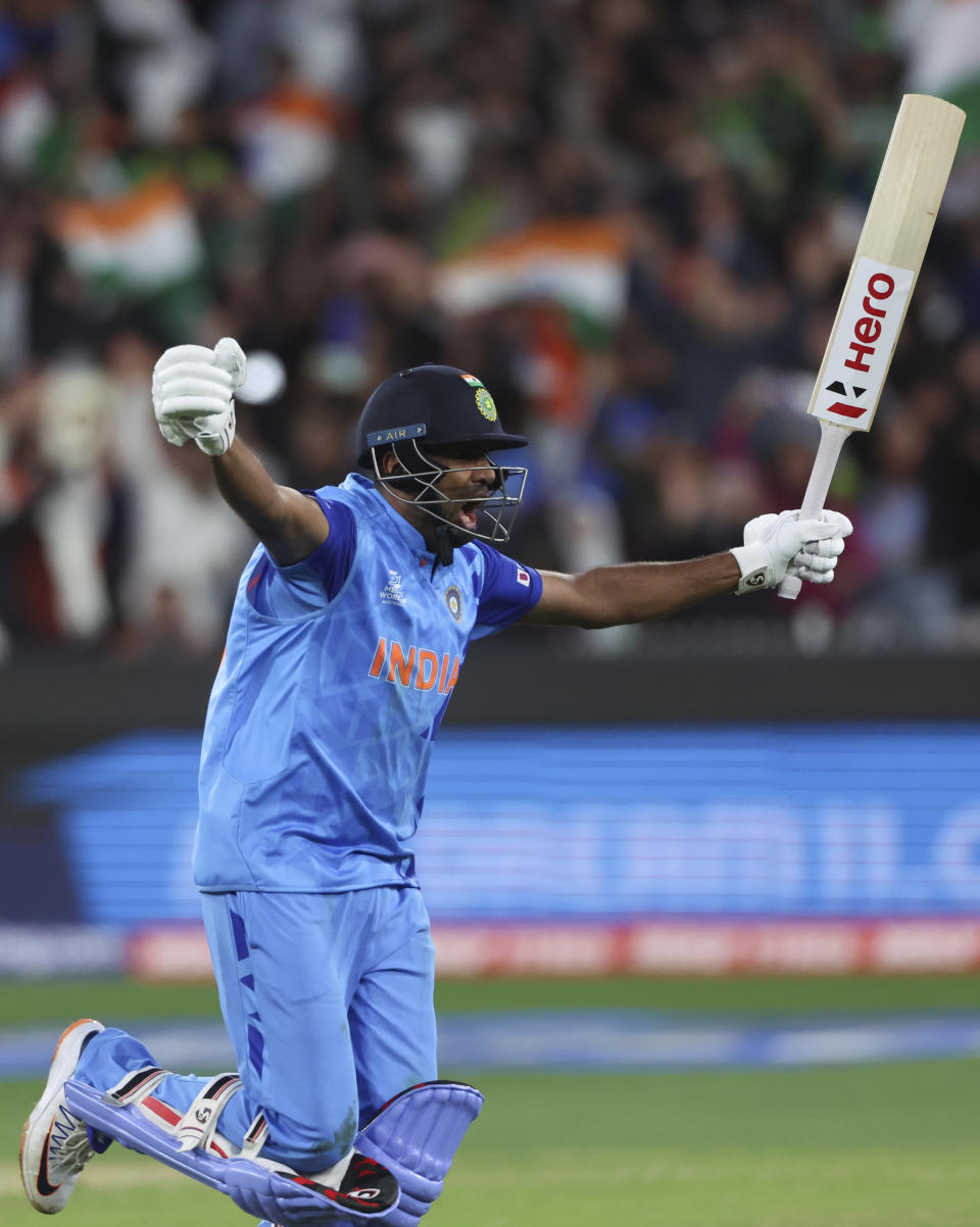 India's Ravichandran Ashwin reacts after hitting the winning runs during the T20 World Cup cricket match between India and Pakistan in Melbourne, Australia, Sunday, Oct. 23, 2022. (AP Photo/Asanka Brendon Ratnayake)