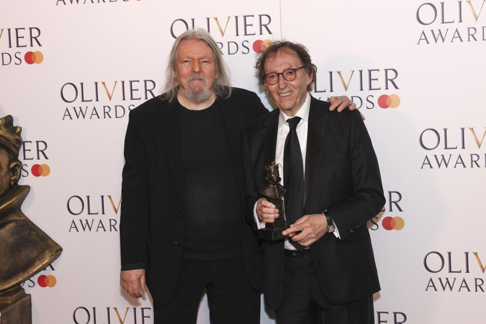 Christopher Hampton, left, and Don Black, winners of the best musical revival award for "Sunset Boulevard", pose for photographers in the winner's room during the Olivier Awards on Sunday, April 14, 2024, in London. (Photo by Vianney Le Caer/Invision/AP)