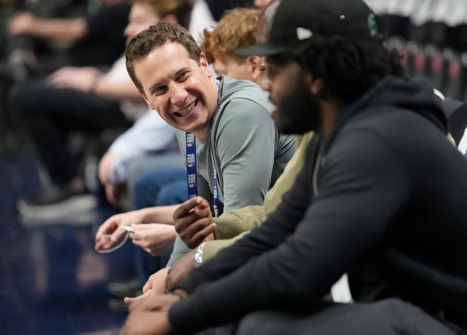 Phoenix Suns majority owner Mat Ishbia watches his team warm up before the Western Conference semifinals against the Denver Nuggets at Ball Arena in Denver on May 9, 2023.