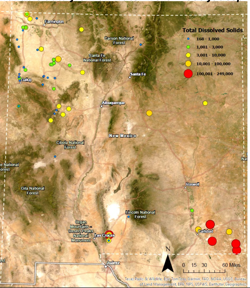 This is a map of 94 wells across New Mexico that the state can use to characterize brackish water aquifers, according to state researchers. Advocates, experts and even industry leaders interested in tapping New Mexico’s brackish water supply all say there needs to be more data for the burgeoning market.