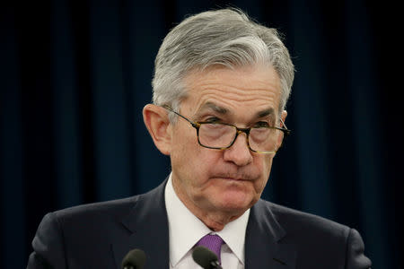 FILE PHOTO - Federal Reserve Chairman Jerome Powell holds a press conference following a two day Federal Open Market Committee policy meeting in Washington, U.S., January 30, 2019. REUTERS/Leah Millis