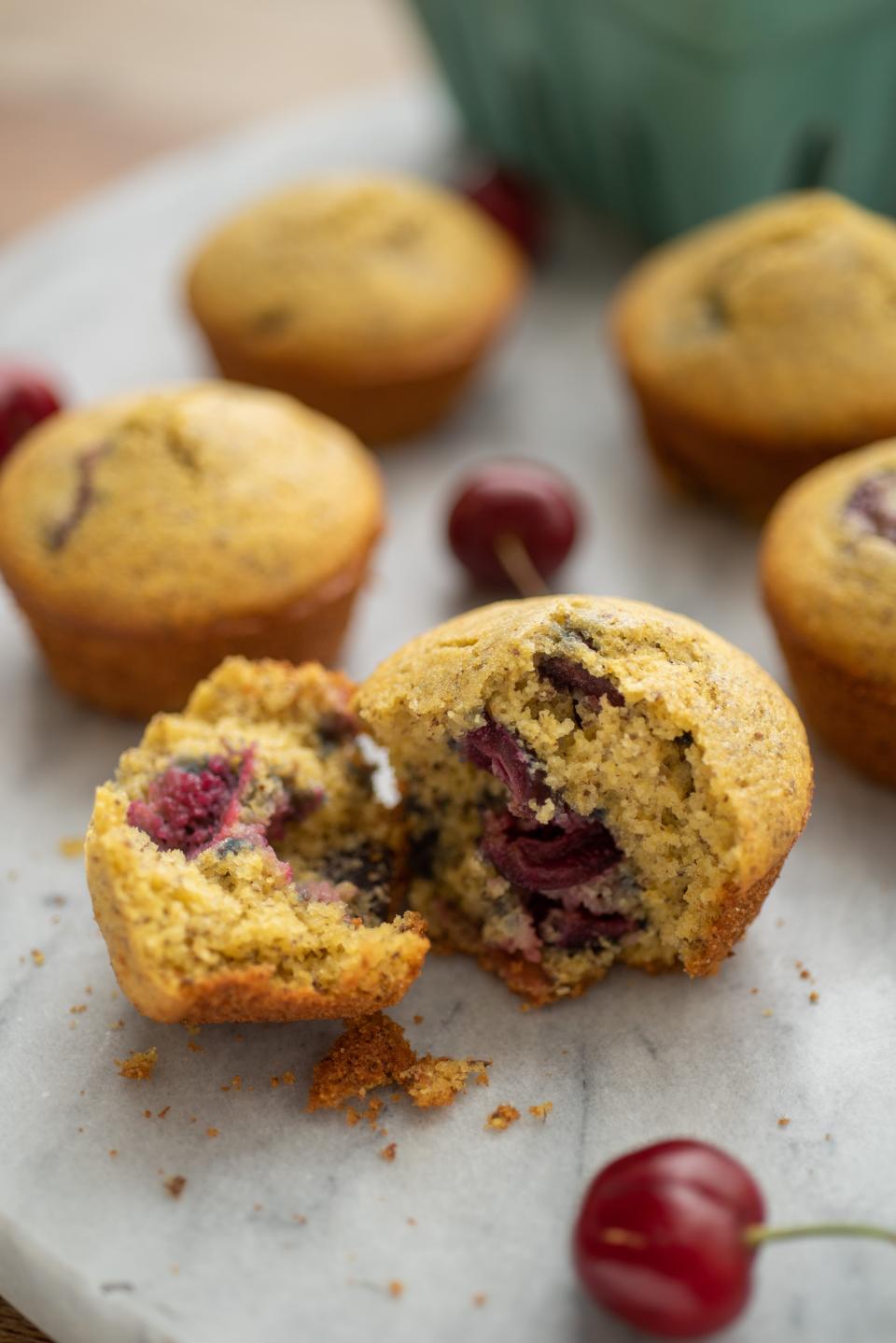 Cherry Flaxseed Cornbread Muffins can be served for breakfast or as part of a savory dinner.