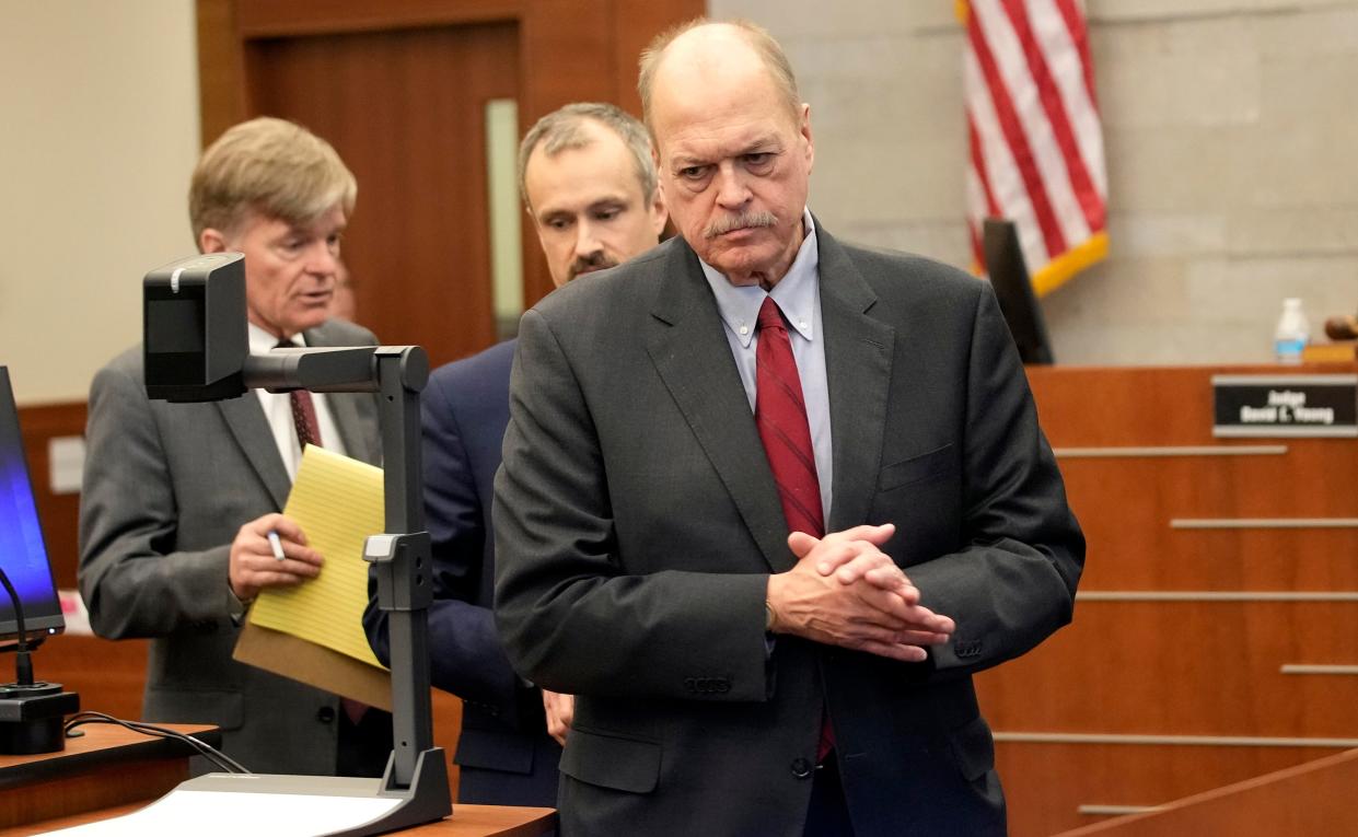 (Right to left) Special prosecutor Tim Merkle, Montgomery County Assistant Prosecuting Attorney Josh Shaw and special prosecutor Gary Shroyer return to their side of the courtroom on Friday to hear a question from the Franklin County Common Pleas Court jury in the murder trial of former Franklin County Sheriff's deputy Jason Meade. A mistrial was eventually declared Friday after the jury could not reach a verdict on two counts of murder and one count of reckless homicide against Meade in the Dec. 4, 2020, shooting death of 23-year-old Casey Goodson Jr. at a home in Columbus' North Linden.