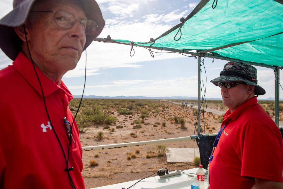 Bill Gutman, at left, is seen at mission control during the Spaceport America Cup competition at the facility's vertical launch area in Sierra County, N.M. on Thursday, June 23, 2022.