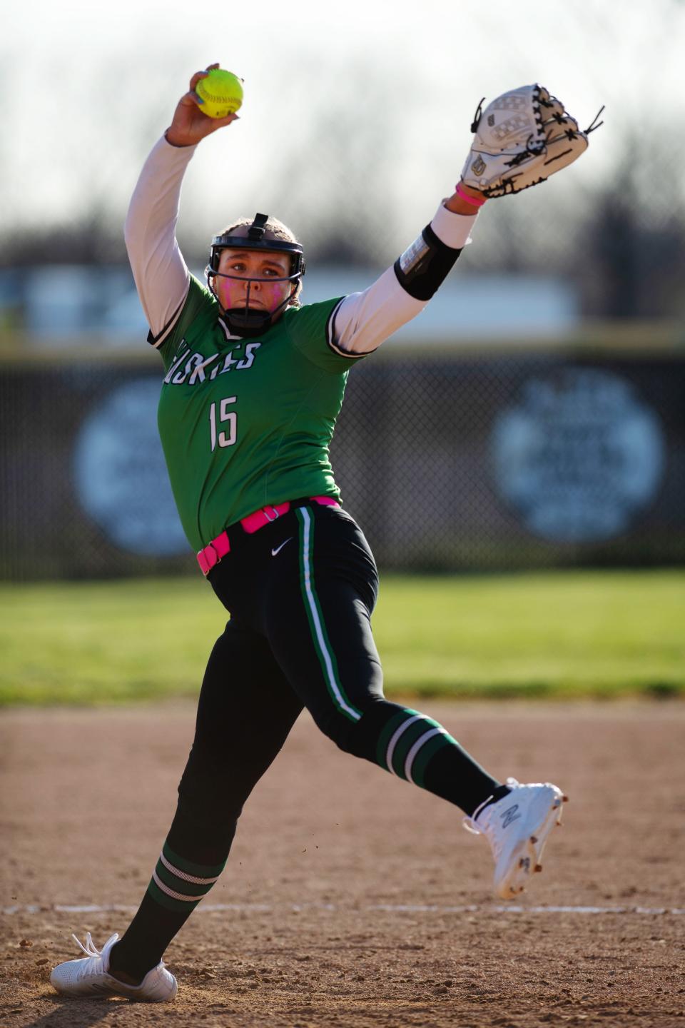 North's Maci Warner delivers a pitch to a Boonville batter at Mike Wilson Field Tuesday evening, March 28, 2023.