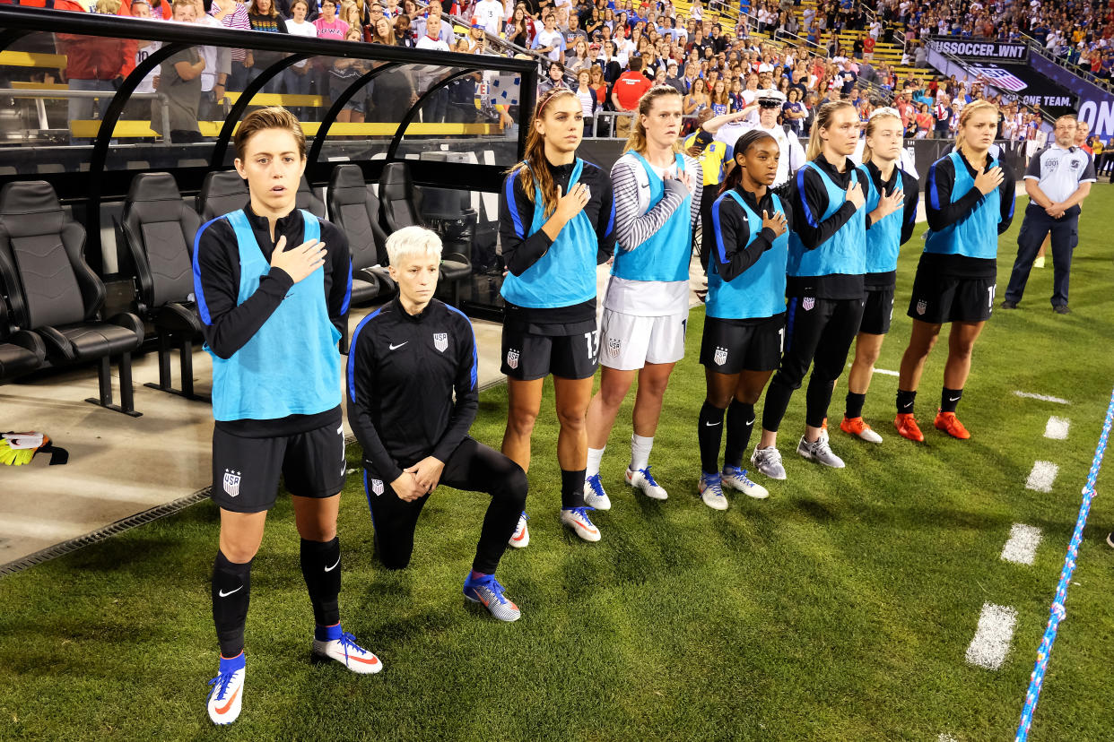 Megan Rapinoe knelt for the national anthem before national team games before U.S. Soccer instituted a policy outlawing such protests. (Getty)