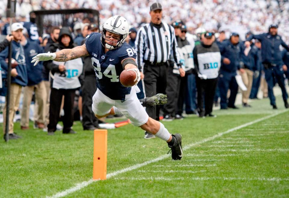 Penn State tight end Theo Johnson dives but falls short of the end zone during the game against Michigan on Saturday, Nov. 13, 2021.