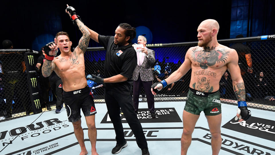 Seen here, Dustin Poirier celebrates his win over Conor McGregor at UFC 257. 