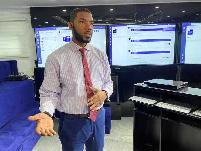 Otto Orondaam, a social entrepreneur, teaches at a virtual class session prepared for resident students of slums and remote communities in Lagos