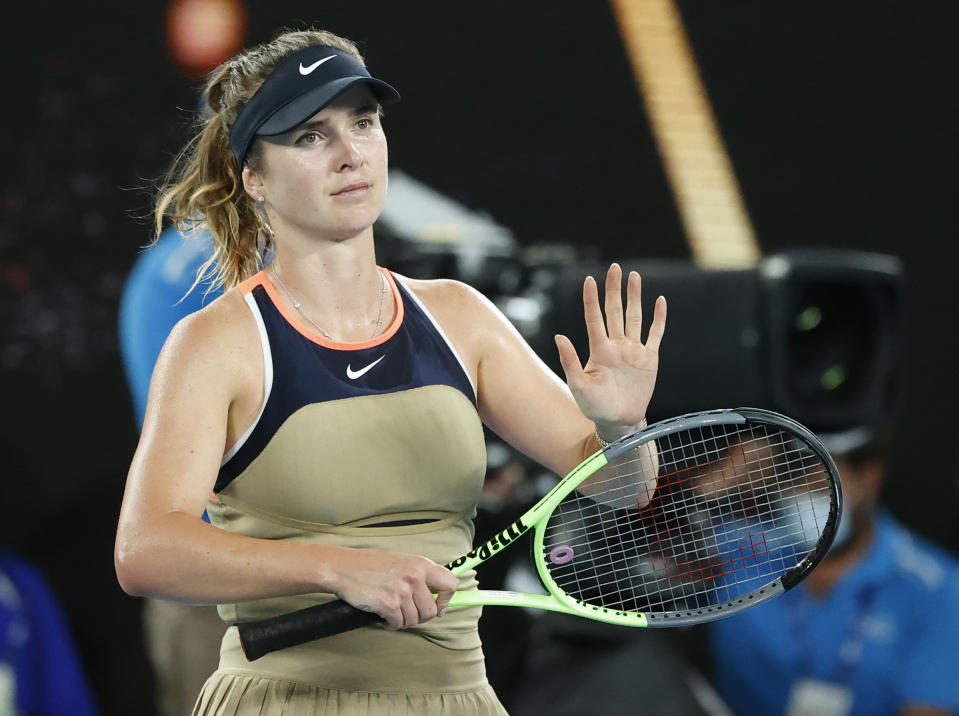 Ukraine's Elina Svitolina reacts after defeating United States' Coco Gauff in their second round match at the Australian Open tennis championship in Melbourne, Australia, Thursday, Feb. 11, 2021.(AP Photo/Rick Rycroft)