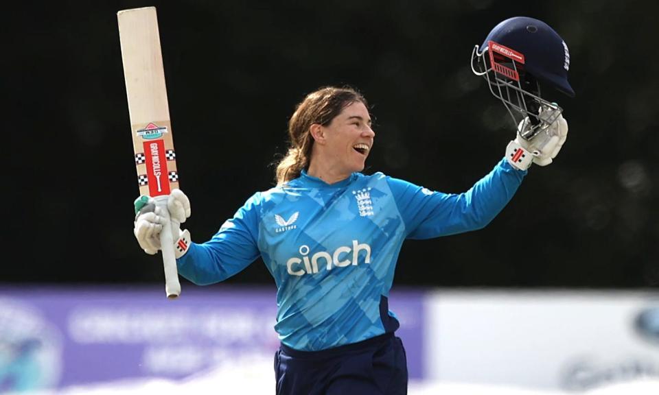 <span>England's Tammy Beaumont celebrates reaching 150 against Ireland.</span><span>Photograph: Liam McBurney/PA</span>