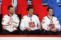 <p>Fifth pick Daniel Sedin of the Vancouver Canucks, third pick Alex Ovechkin of the Washington Capitals and first pick Cam Ward of the Carolina Hurricanes, all for team Staal, look on during the All-Star Fantasy Draft for the 2011 NHL All-Star Weekend at the Raleigh Convention Center on January 28, 2011 in Raleigh, North Carolina. (Photo by Dave Sandford/NHLI via Getty Images) </p>