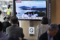 A TV screen shows a May 31, 2023 image of North Korea's rocket launch during a news program at the Seoul Railway Station in Seoul, South Korea, Thursday, June 1, 2023. Kim Yo Jong, the powerful sister of North Korean leader Kim Jong Un on Thursday accused the United States of "gangster-like" hypocrisy for criticizing her country's failed launch of a military spy satellite and insisted that the North will follow with a successful launch soon. (AP Photo/Ahn Young-joon)