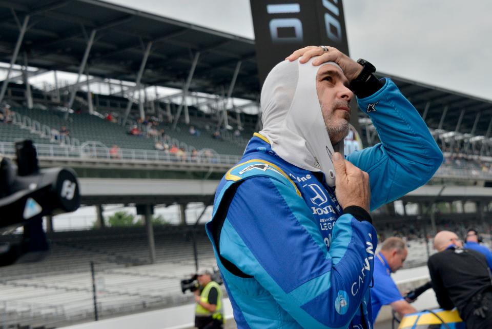 Chip Ganassi Racing driver Jimmie Johnson (48) gets ready to get in his car Sunday, May 22, 2022, during the second day of qualifying for the 106th running of the Indianapolis 500 at Indianapolis Motor Speedway