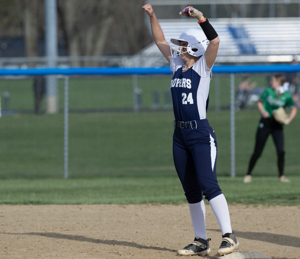 Rootstown's Jessica Hahn, celebrating a double earlier this season against Mogadore, delivered another key double against the Wildcats Monday.