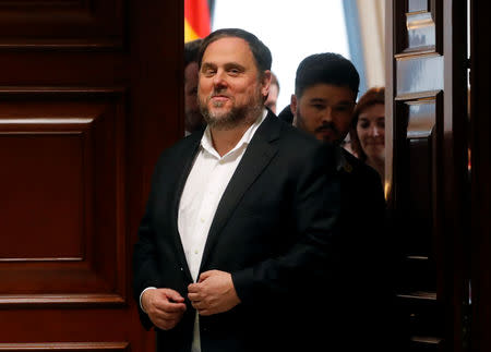 Jailed Catalan politician Oriol Junqueras leaves after getting his parliamentary credentials at Spanish Parliament, in Madrid, Spain, May 20, 2019. REUTERS/Susana Vera