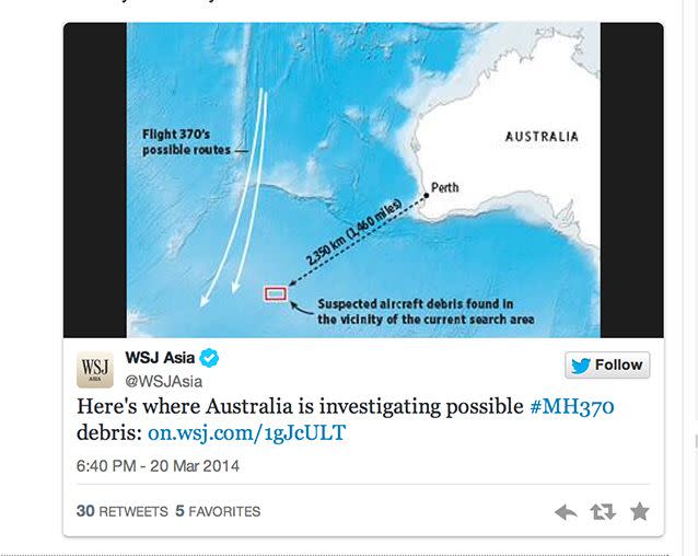 This is a graphic by the Wall Street Journal of Australia's search efforts. Photo: Twitter