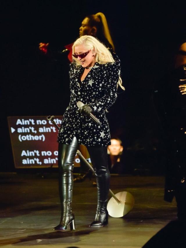 Christina Aguilera Rocks the Stage in Leather Boots and Starry Blazer at  AHF World AIDS Day Concert