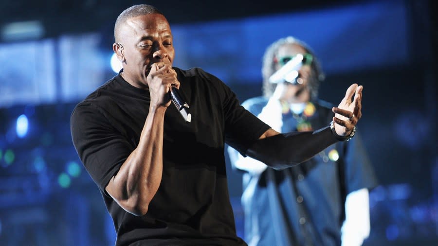 Dr. Dre and Snoop Dogg, seen here performing at Coachella in 2012, will be joined by Mary J. Blige, Eminem and Kendrick Lamar for their upcoming Super Bowl performance. (Christopher Polk/Getty Images for Coachella)