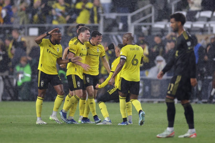 COLUMBUS, OHIO – DECEMBER 09: Yaw Yeboah #14 of Columbus Crew celebrates a goal with teammates during the first half against the Los Angeles FC during the 2023 MLS Cup at Lower.com Field on December 09, 2023 in Columbus, Ohio. (Photo by Patrick Smith/Getty Images)