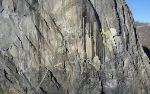 The yellow outline shows the scale of the rock that fell from El Capitan - Credit: NPS/PA